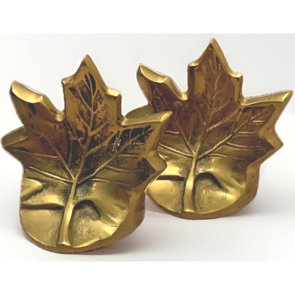 Vintage Solid Brass Leaf Bookends Set Mid Century Art Deco Hollywood Regency